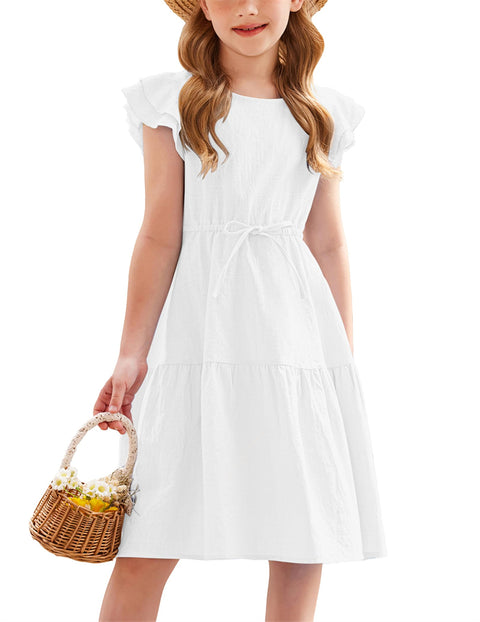 Arshiner Toddler Cotton Linen Dress Summer Casual Party Double-Ruffle Sleeves Dresses 2-6Y