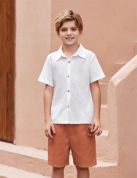 Arshiner Boys Cotton Linen Short Sets Button Down Short Sleeve Shirt and Shorts with Bucket Hat Summer Beach Outfits