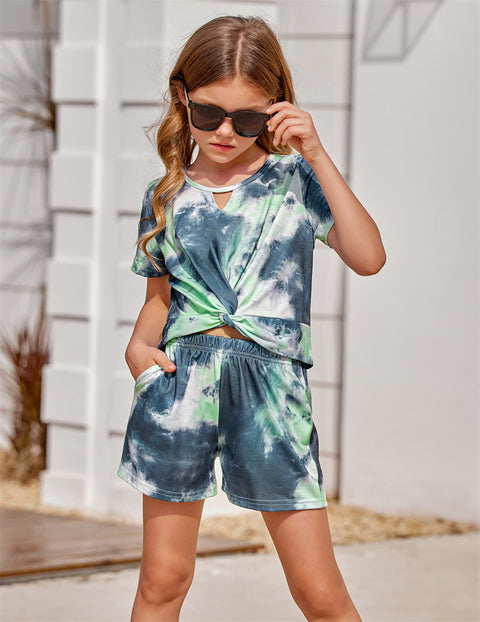 Arshiner Girls Summer 2 Piece Outfits Tie Dye Short Sets Casual Twist Front Short Sleeve Tops and Pant with Pockets