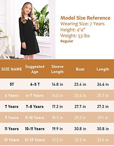 Arshiner Girls Long Sleeve Vintage Peter Pan Collar T-Shirt Dress Age 4-13 Years