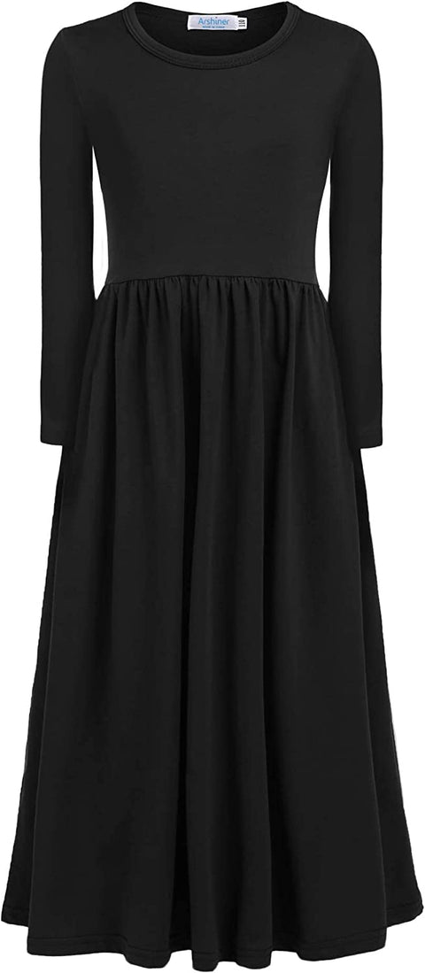 Arshiner Girls Long Sleeve Solid Loose Casual Maxi Dress