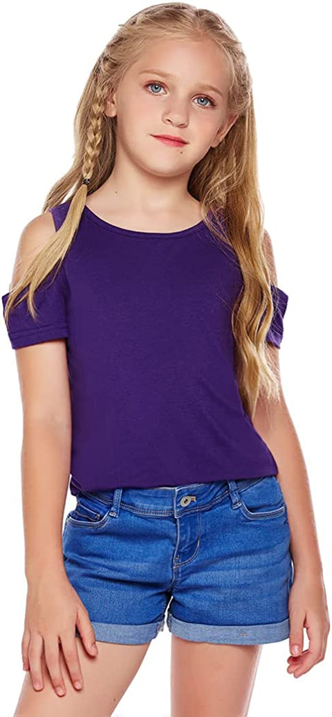 Arshiner 3 Pack Girls Crew Neck Tee Casual Soft Short-Sleeve T-Shirt Tops with Cold Shoulder