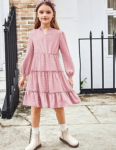 Arshiner Girls Dresses Long Sleeve Swiss Dot V Neck Ruffle Tiered Casual Party Dress