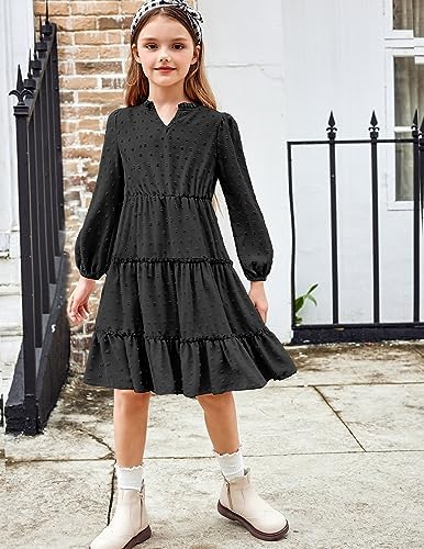 Arshiner Girls Dresses Long Sleeve Swiss Dot V Neck Ruffle Tiered Casual Party Dress