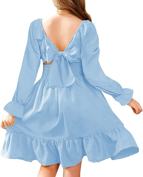 Arshiner Girls Tie Back Short Sleeve Ruffle Hem Off Shoulder Dresses
