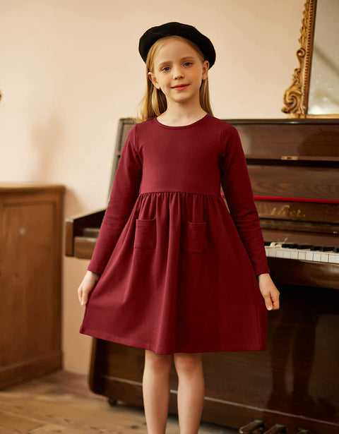 Arshiner Little Girls Dress Long Sleeve Casual Skater Pocket Dress