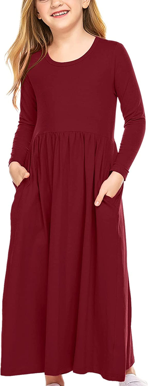 Arshiner Girls Long Sleeve Solid Loose Casual Maxi Dress