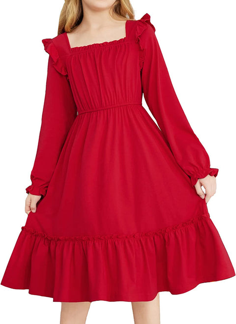 Arshiner Girls Trendy Long Sleeve Ruffle Hem Elastic Waist Dresses