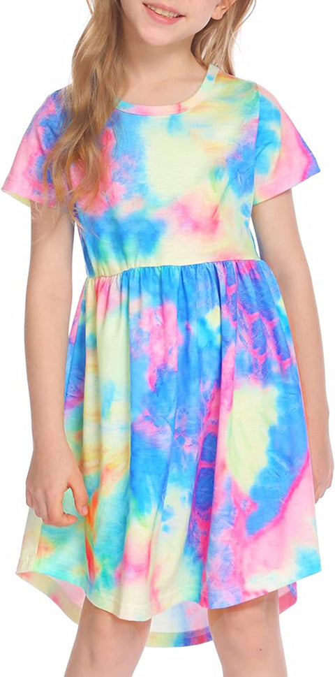 Arshiner Girl Short Sleeve A Line Skater Casual Twirly Casual Dress