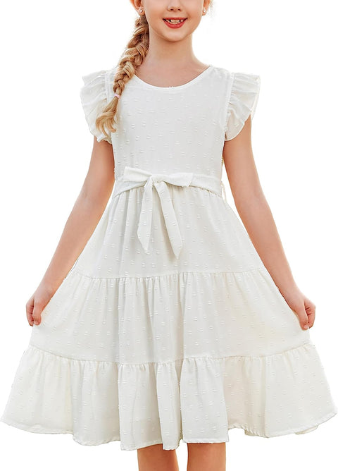 Arshiner Girls Summer Dresses Ruffle Sleeve Swiss Dots Flared Tiered Casual Dress with Belt