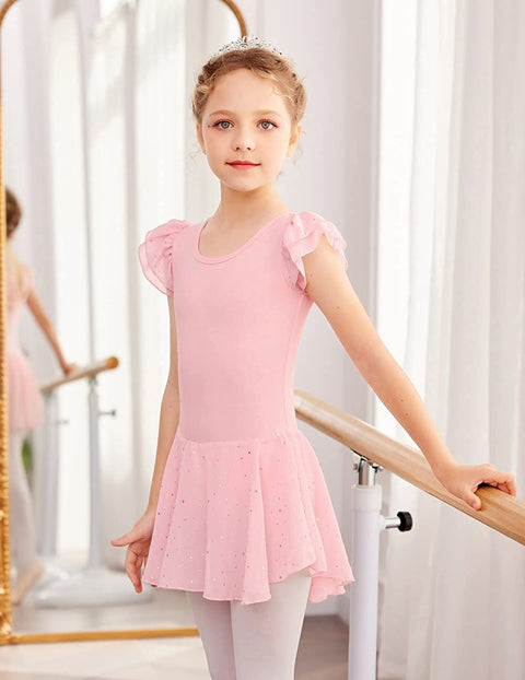 Arshiner Girls Shiny Ruffle Sleeve Ballet Leotard with Skirt