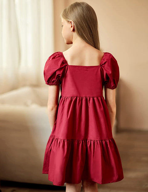 Arshiner Girls Dress Short Puff Sleeve Loose Tiered Ruffle Casual Dresses Square Neck