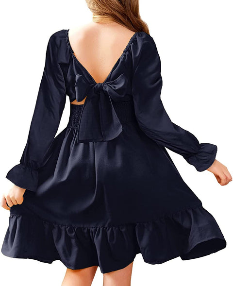 Arshiner Girls Tie Back Short Sleeve Ruffle Hem Off Shoulder Dresses