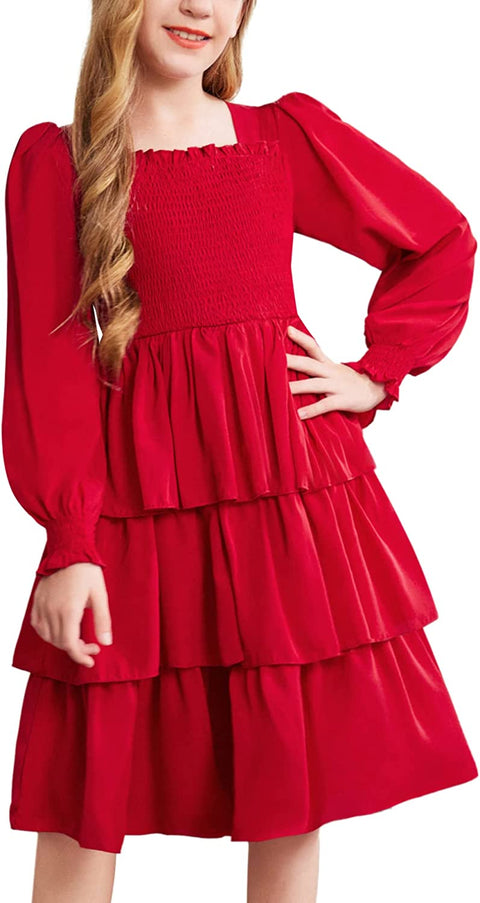 Arshiner Girls Long-Sleeve Tiered Dresses Square Neck Lantern Smocked Ruffle Layered Tie Back Dress