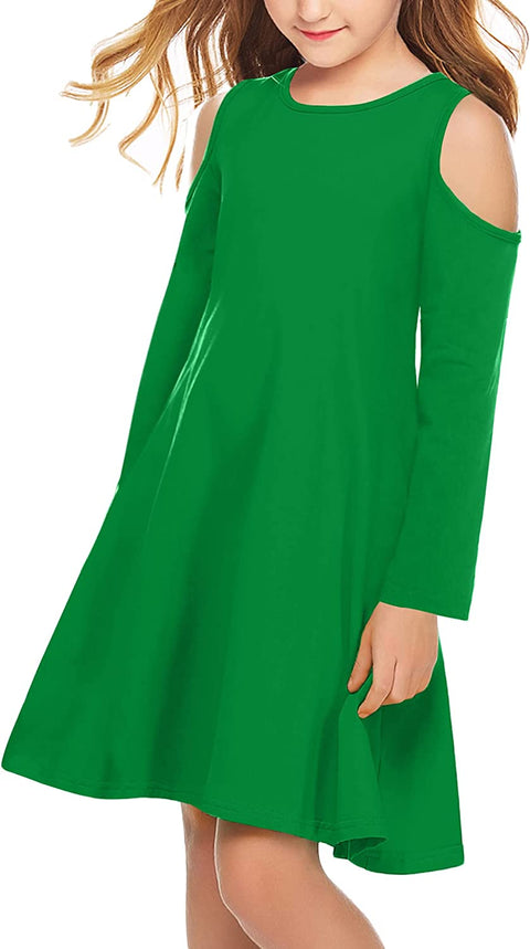 Arshiner Girls Summer Dress Short Sleeve Cold Shoulder Solid Color Swing Casual Dresses with Pockets