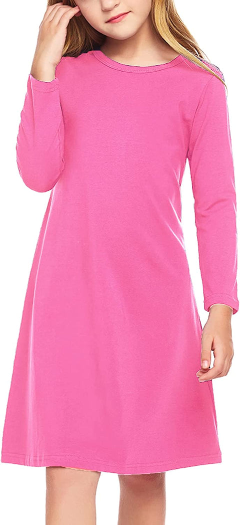 Arshiner Girls Dress Kids Long Sleeve Solid Color Casual T-Shirt Dress