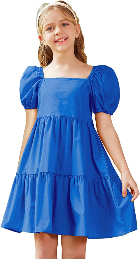 Arshiner Girls Dress Short Puff Sleeve Loose Tiered Ruffle Casual Dresses Square Neck