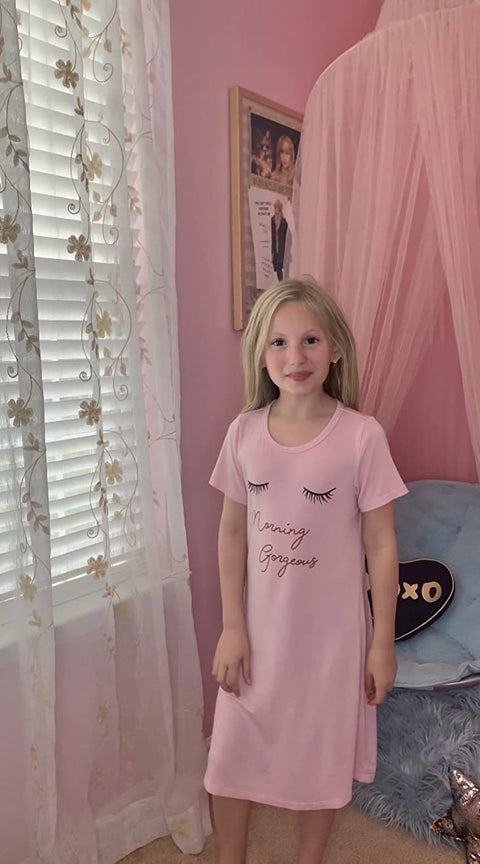 Arshiner Girls Nightgowns Short Sleeve Cute Cartoon Print Pajama Sleep Dress For Kids Button Down Nighties