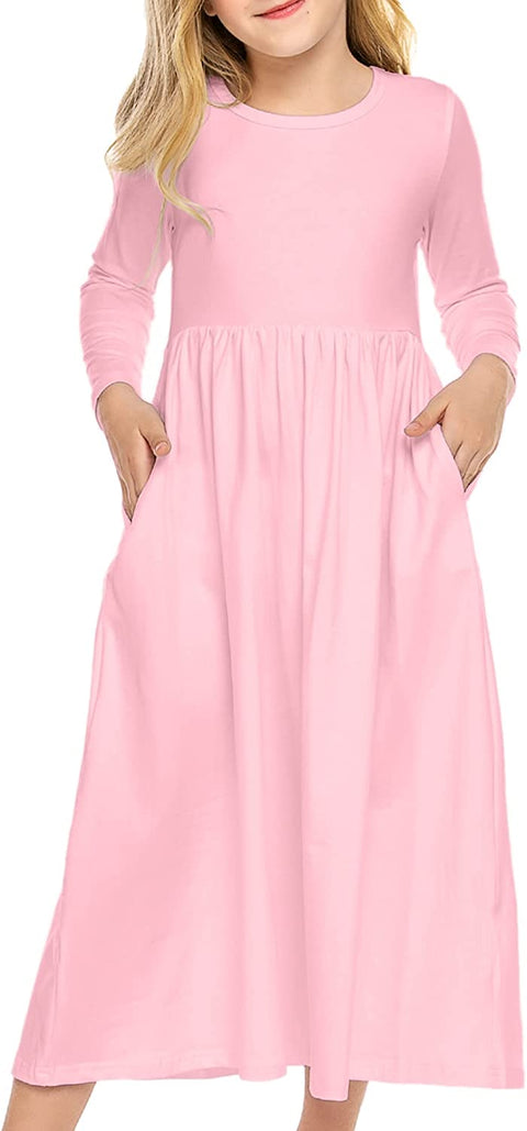 Arshiner Girls Long Sleeve Solid Loose Casual Maxi Dress