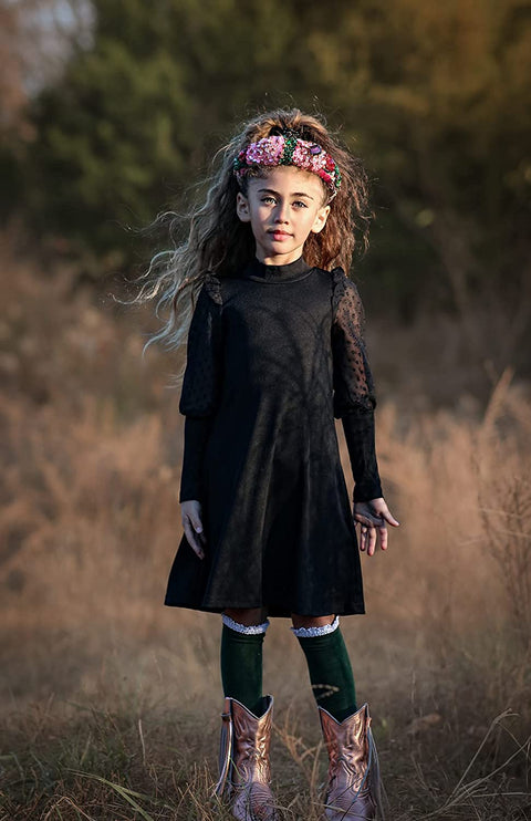 Arshiner Girl's Sheer Contrast Mesh Long Sleeve Stand Collar Casual Vintage A-line Party Dress for 5-13 Years