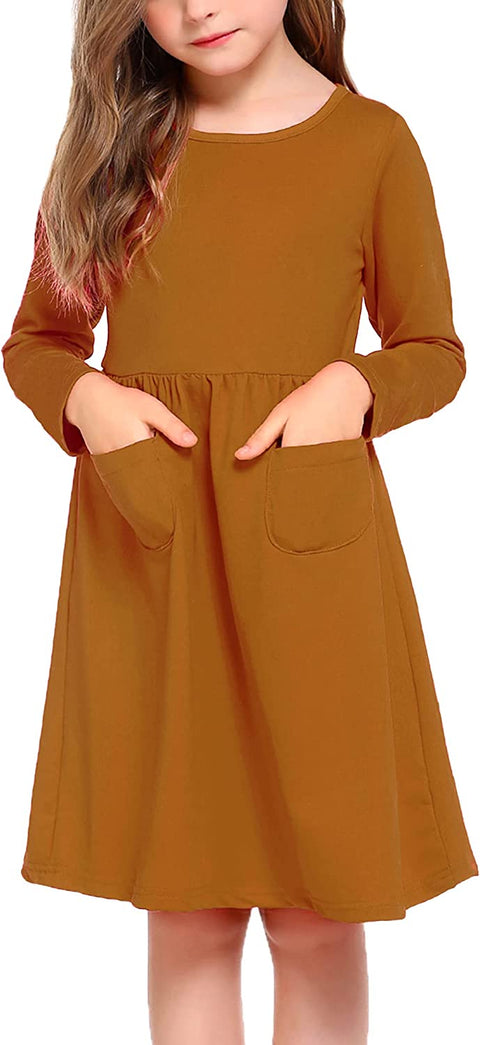 Arshiner Little Girls Dress Long Sleeve Casual Skater Pocket Dress