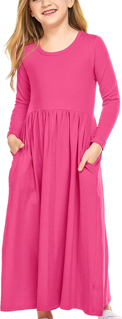 Arshiner Girls Long Sleeve Solid Loose Casual Maxi Dress