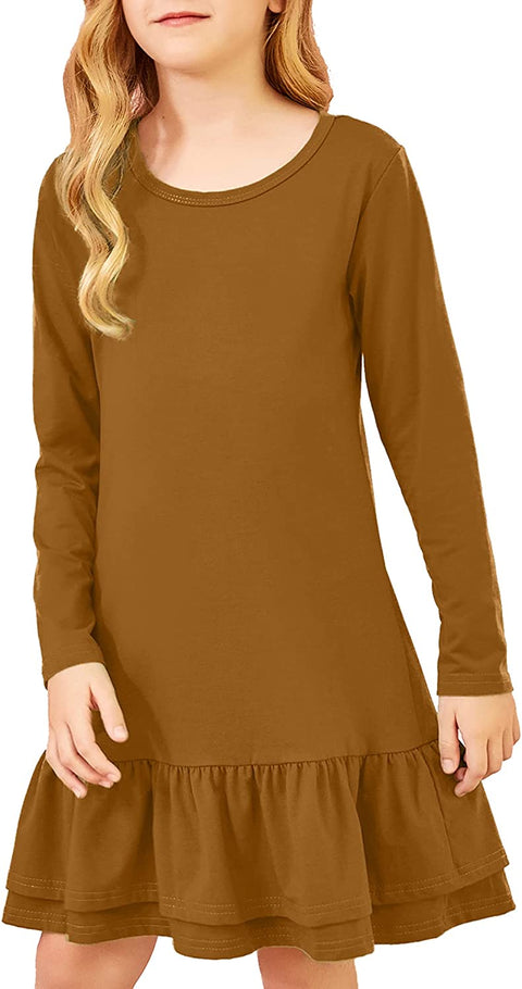 Arshiner Girls Cotton Long Sleeve A-Line Ruffle Hem Dress