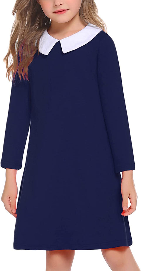 Arshiner Girls Long Sleeve Vintage Peter Pan Collar T-Shirt Dress Age 4-13 Years