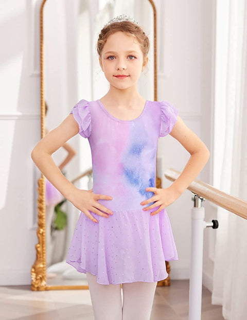 Arshiner Girls Shiny Ruffle Sleeve Ballet Leotard with Skirt