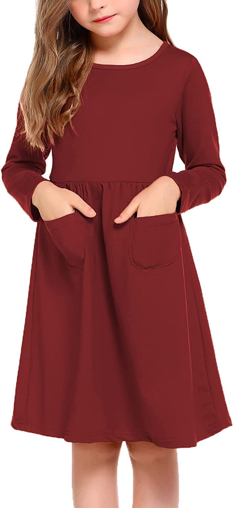 Arshiner Little Girls Dress Long Sleeve Casual Skater Pocket Dress
