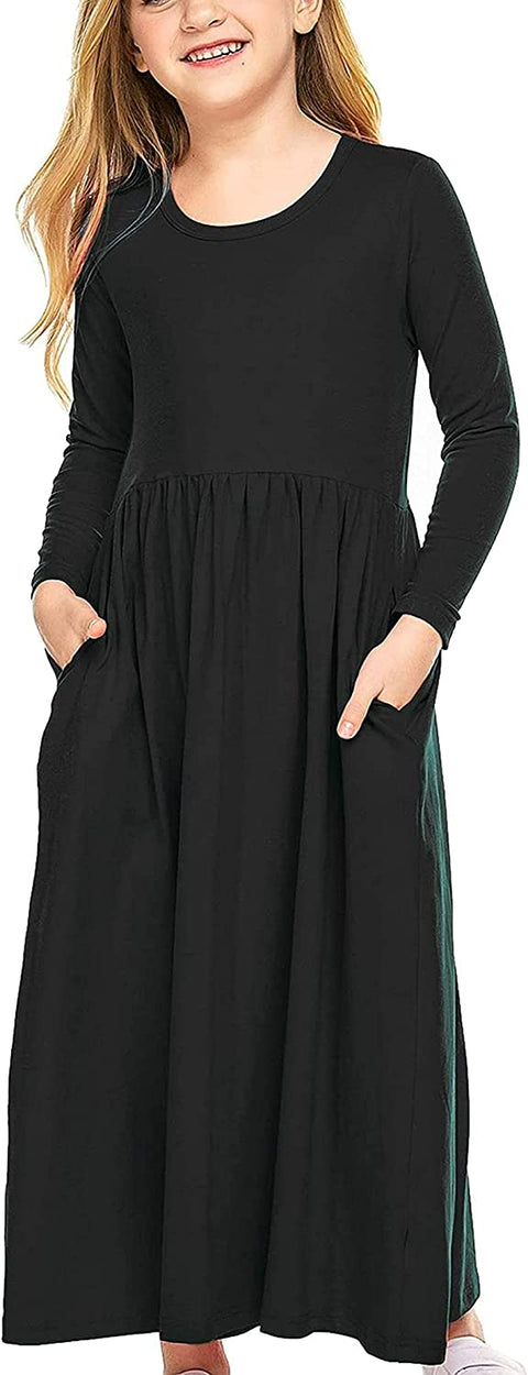 Arshiner Girls Long Sleeve Solid Loose Casual Maxi Dress