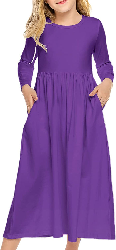 Arshiner Girls Long Sleeve Solid Loose Casual Maxi Dress