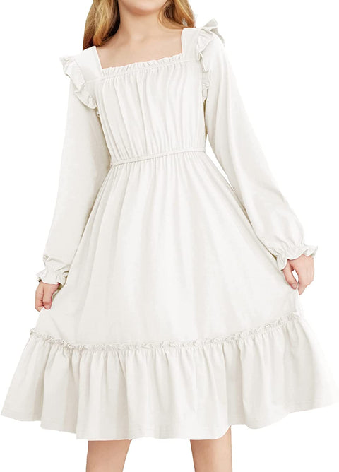 Arshiner Girls Trendy Long Sleeve Ruffle Hem Elastic Waist Dresses