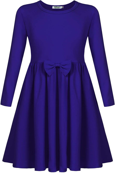 Arshiner Girls Long Sleeve Dress A line Twirly Skater Bow Tie Dress