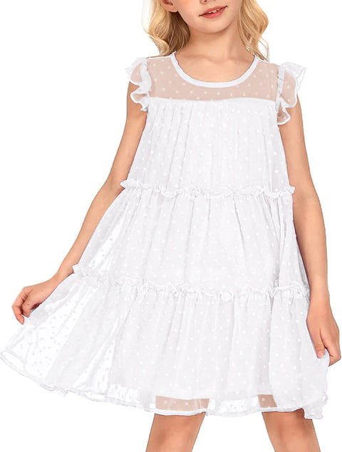 Arshiner Girl's Summer Dress Flared Sleeve Loose Fit Swiss Dots Flowy Pleated Dress