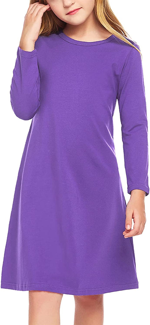 Arshiner Girls Dress Kids Long Sleeve Solid Color Casual T-Shirt Dress