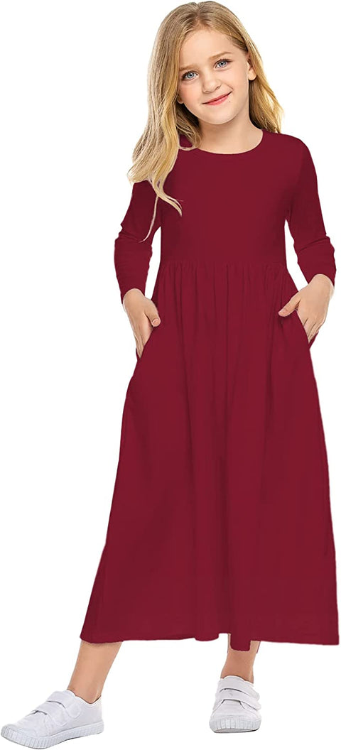 Arshiner Girls Long Sleeve Solid Loose Casual Maxi Dress