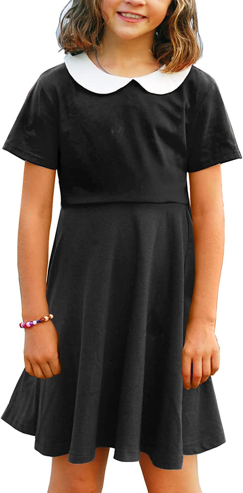 Arshiner Girls Short Sleeve School Dresses Peter Pan Collar Cotton Holiday Flare Skater Dress