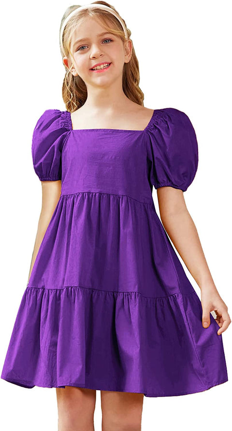 Arshiner Girls Dress Short Puff Sleeve Loose Tiered Ruffle Casual Dresses Square Neck