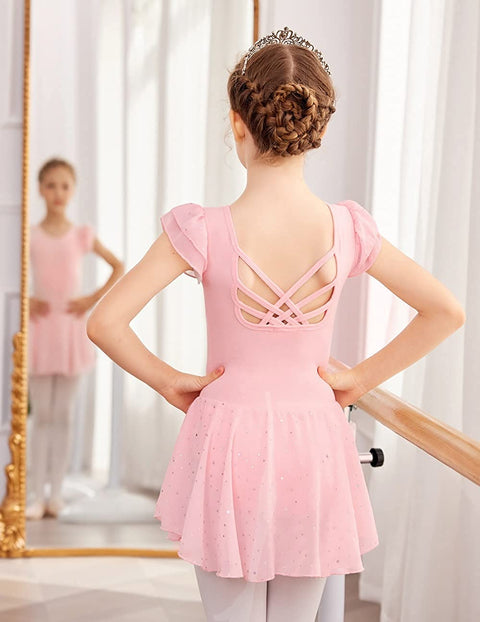 Arshiner Girls Shiny Ruffle Sleeve Ballet Leotard with Skirt