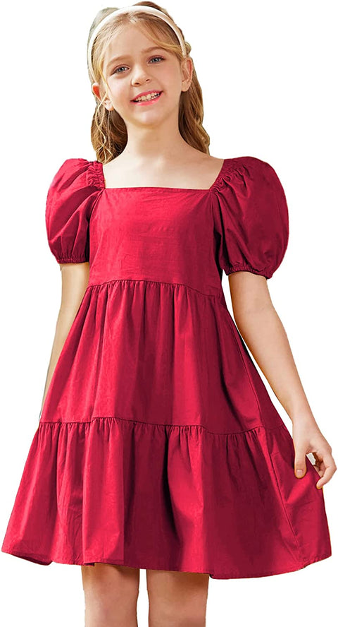 Arshiner Girls Dress Short Puff Sleeve Loose Tiered Ruffle Casual Dresses Square Neck