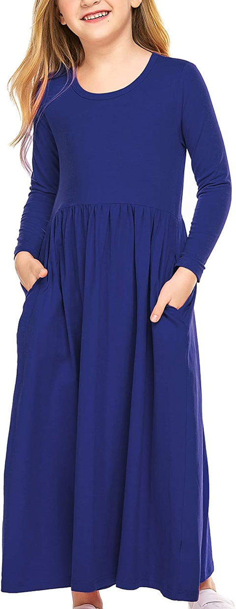 Arshiner Girls Long Sleeve Solid Loose Casual Maxi Dress