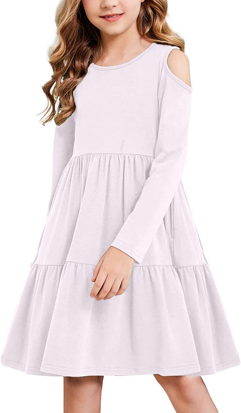 Arshiner Girls Long Sleeve Cold Shoulder Tiered Ruffle Pleated Pockets Dress for 4-14 Years