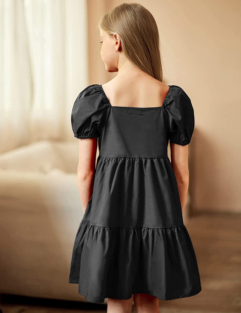Arshiner Girls Dress Short Puff Sleeve Loose Tiered Ruffle Casual Dresses Square Neck