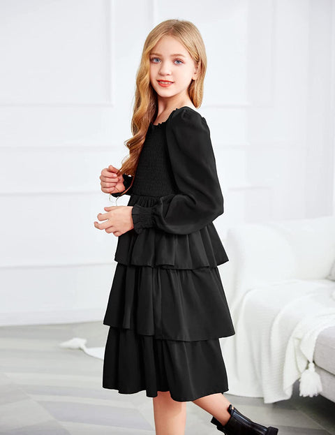 Arshiner Girls Long-Sleeve Tiered Dresses Square Neck Lantern Smocked Ruffle Layered Tie Back Dress