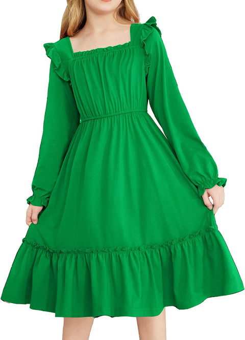 Arshiner Girls Trendy Long Sleeve Ruffle Hem Elastic Waist Dresses