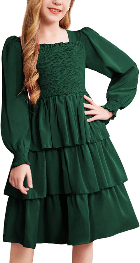 Arshiner Girls Long-Sleeve Tiered Dresses Square Neck Lantern Smocked Ruffle Layered Tie Back Dress