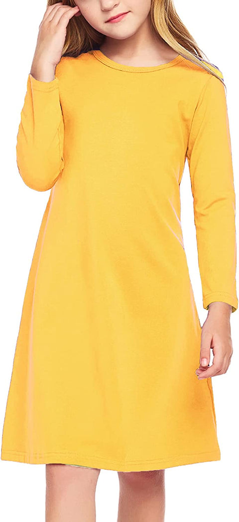Arshiner Girls Dress Kids Long Sleeve Solid Color Casual T-Shirt Dress