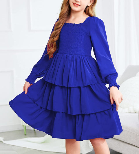 Arshiner Girls Long-Sleeve Tiered Dresses Square Neck Lantern Smocked Ruffle Layered Tie Back Dress