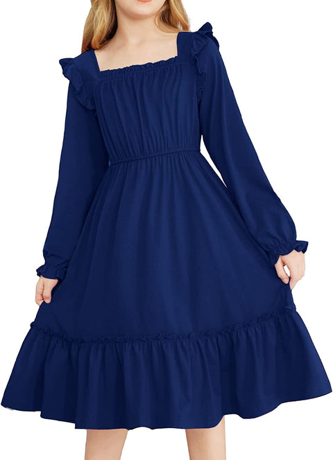 Arshiner Girls Trendy Long Sleeve Ruffle Hem Elastic Waist Dresses